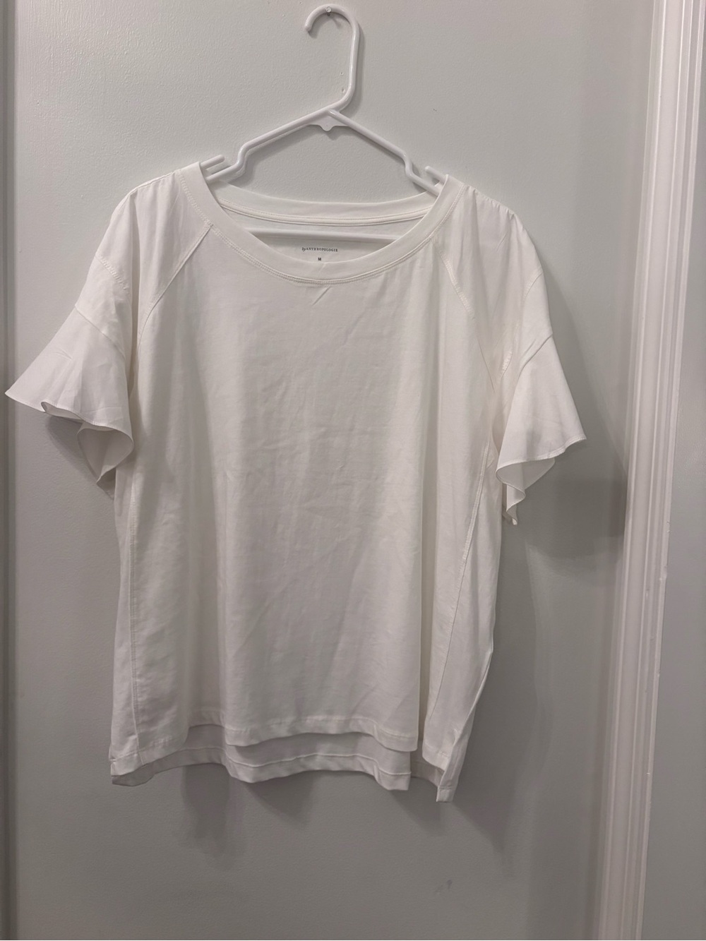 Anthropologie Soft White V-Neck Tee with silky flutter sleeves - M